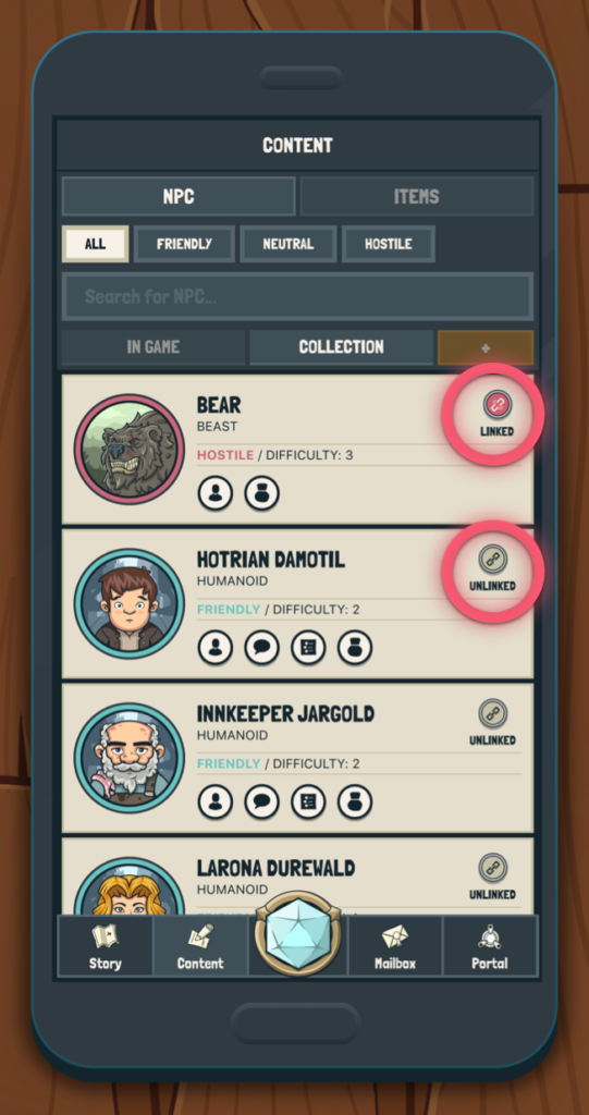 NPC-Collection Screen of our Role-Playing Game App with linked and unlinked Characters.